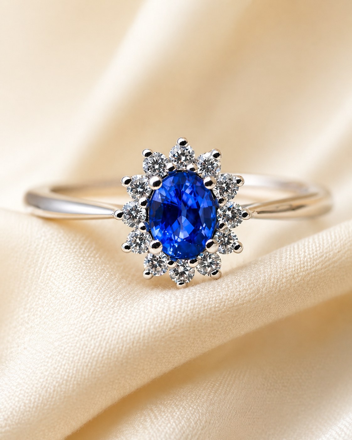 Oval blue sapphire engagement ring with diamond halo, set in white gold, on cream silk
